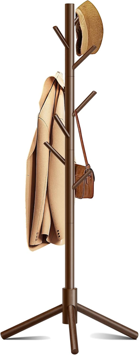 Wooden Coat Rack, Free Standing Coat Rack with 8 Hooks 3 Adjustable Heights for Clothes, Hats, Handbags, Coat Tree Easy Assembly for Entryway, Bedroom, Hallway, Office (New Brown) - Lumora Desk