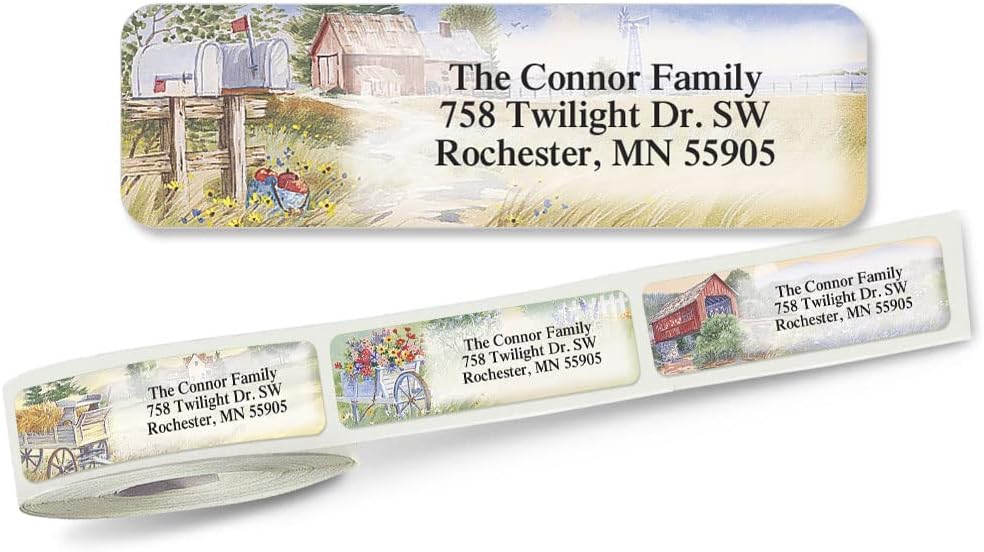 Colorful Images American Countryside Rolled Personalized Return Address Mailing Labels with Dispenser, Customize with Name & Shipping Address, 250 ¾” x 2½” Self Adhesive, Easy Peel Label Roll - Lumora Desk