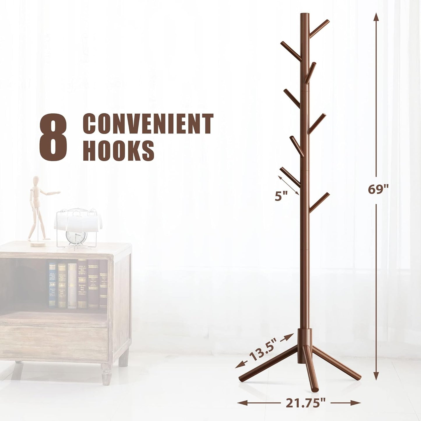 Haddockway Wooden Coat Rack Stand with 8 Hooks New Zealand Pine 3 Adjustable Coat Standing Tree Easy Assembly for Coats, Hats, Scarves and Handbags for Entryway, Hallway, Bedroom, Office - Lumora Desk