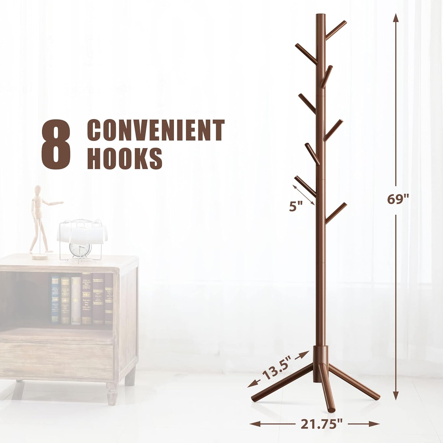 Haddockway Wooden Coat Rack Stand with 8 Hooks New Zealand Pine 3 Adjustable Coat Standing Tree Easy Assembly for Coats, Hats, Scarves and Handbags for Entryway, Hallway, Bedroom, Office - Lumora Desk