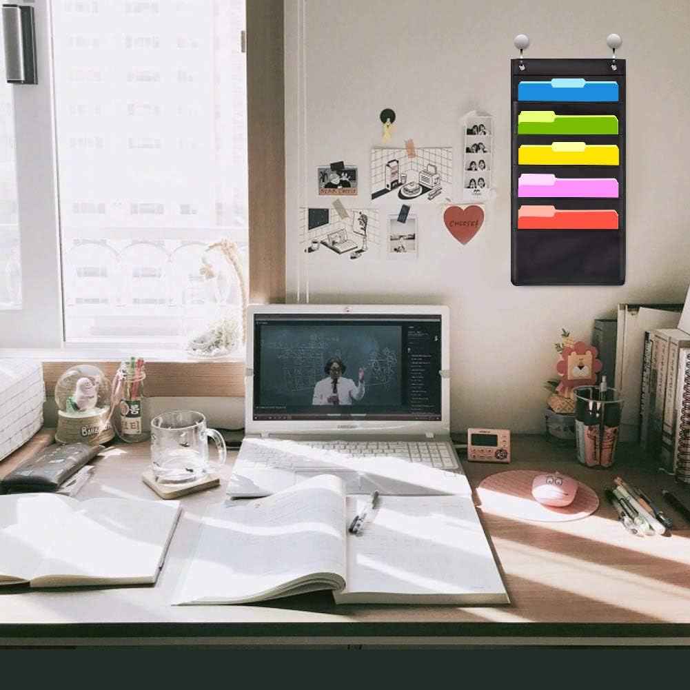Hanging Wall File Folder Organizer Storage Pocket Chart with 5 Pocket for Assignments, Books, Files, Mails - 2 Pack (Black)