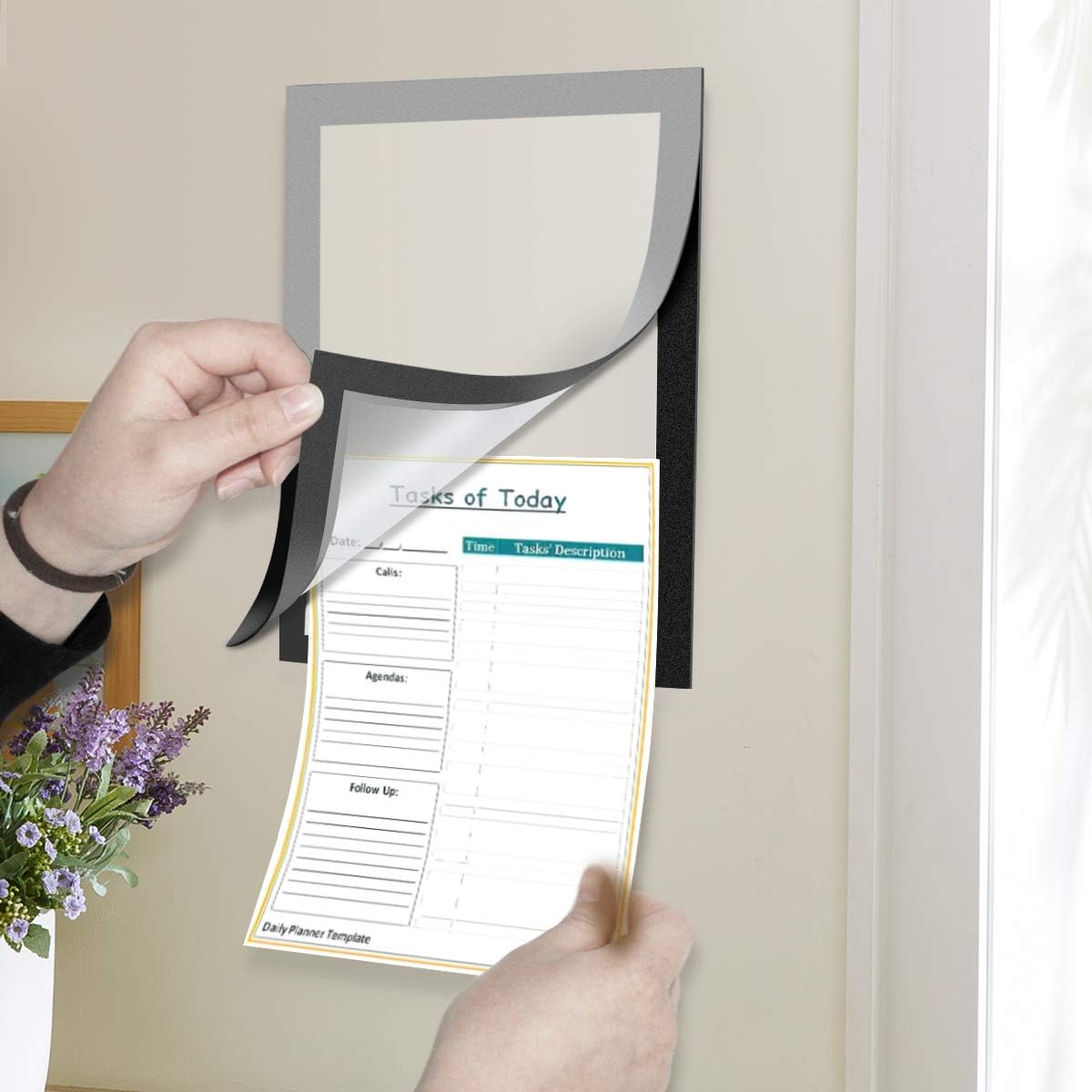 Document Sign Holder Pockets with Adhesive Back, Plastic Poster Picture Notice Display Frame for Window/Door/Wall/Cabinet, 8.5 x 11.6 Inches, Silver, 2 Pack