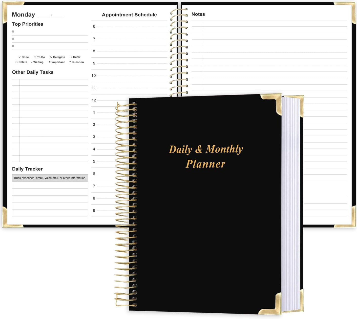 Undated Daily Monthly Planner for 2025 2026 - A4 To Do List with Hourly Schedule, Hardcover Spiral Bound Daily Planner to Increase Focus, Stylish School/Office Supplies, 8.5" x 11", Black