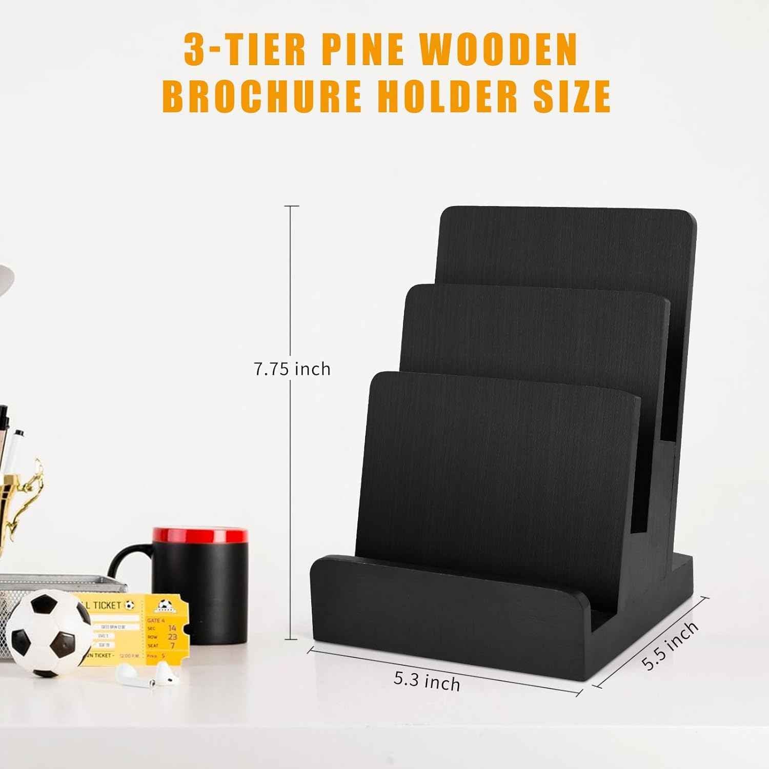 2 Pieces 6 x 9 Wood Brochure Holder 3 Tier Pamphlet Display Stand Black Brochure Display Stand Postcard Holder Flyer Holder Magazine Rack Literature Stand Book Display for Desk Booklets Menu (2)