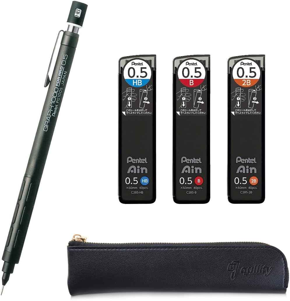Graph 1000 for Pro Mechanical Drafting Pencil + Ain HB/B/2B leads, original Black slim pen case (0.5)