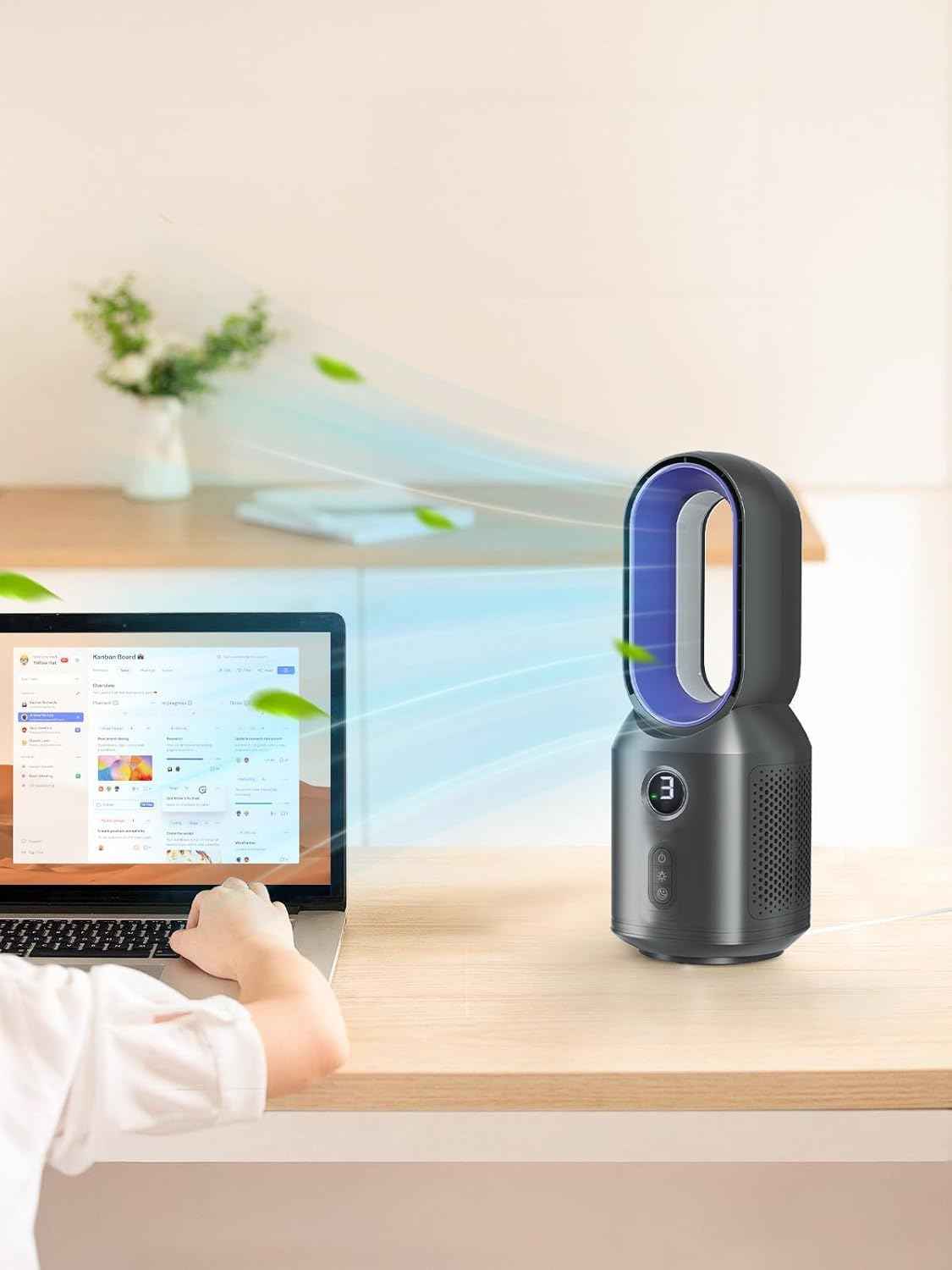 let'me 13 Inch Desk Fan Bladeless, Small Table Fan, Small Office Fan with 3 Speeds and Night Light, Quiet Desktop Fan for Personal, Bedroom, Office, Nightstand