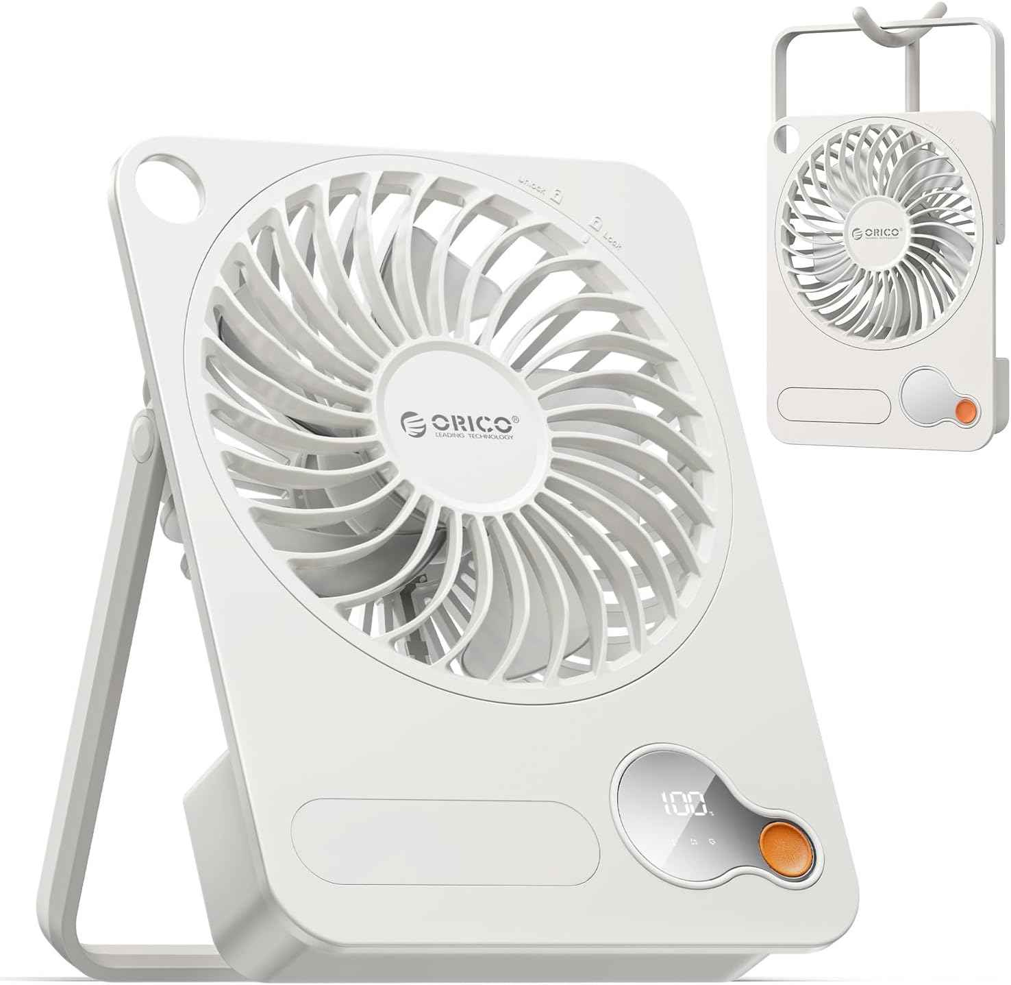 ORICO Portable Desk Fan, Ultra-thin Rechargeable Mini Cooling Fan with 180° Tilt Folding & Small Powerful 3 Speeds Personal Fan with Digital Display for Bedroom Office Camping Travel Beach-DoFAN White