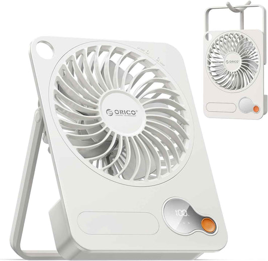 ORICO Portable Desk Fan, Ultra-thin Rechargeable Mini Cooling Fan with 180° Tilt Folding & Small Powerful 3 Speeds Personal Fan with Digital Display for Bedroom Office Camping Travel Beach-DoFAN White