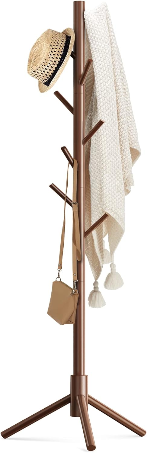 Haddockway Wooden Coat Rack Stand with 8 Hooks New Zealand Pine 3 Adjustable Coat Standing Tree Easy Assembly for Coats, Hats, Scarves and Handbags for Entryway, Hallway, Bedroom, Office - Lumora Desk