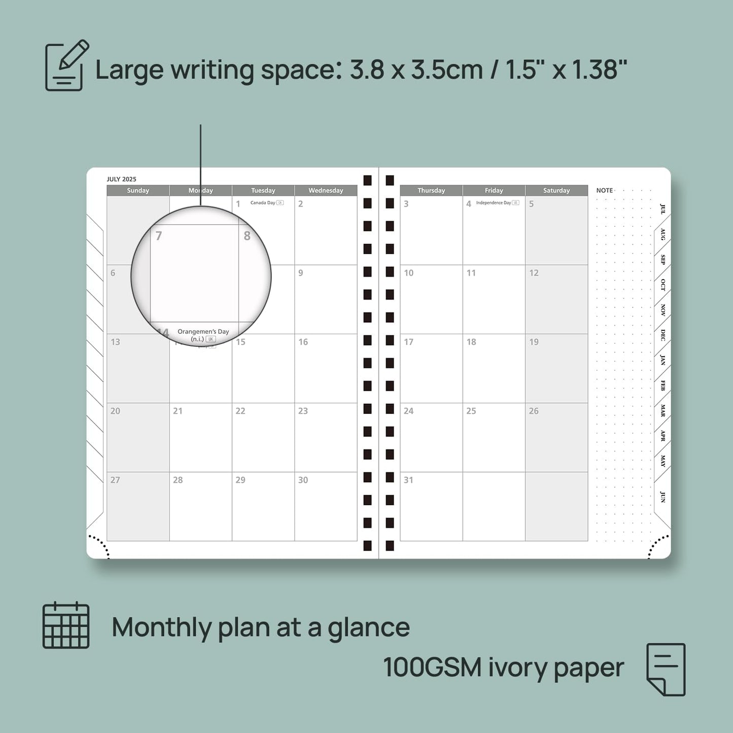 POPRUN Planner 2025-2026 Weekly Notebook (Medium 8.5''x 6.5''), Academic Calendar (JUL.25 - JUN.26) Appointment Book with Monthly Tabs, Spiral Soft Cover, Inner Pocket, 100 GSM - Petrol