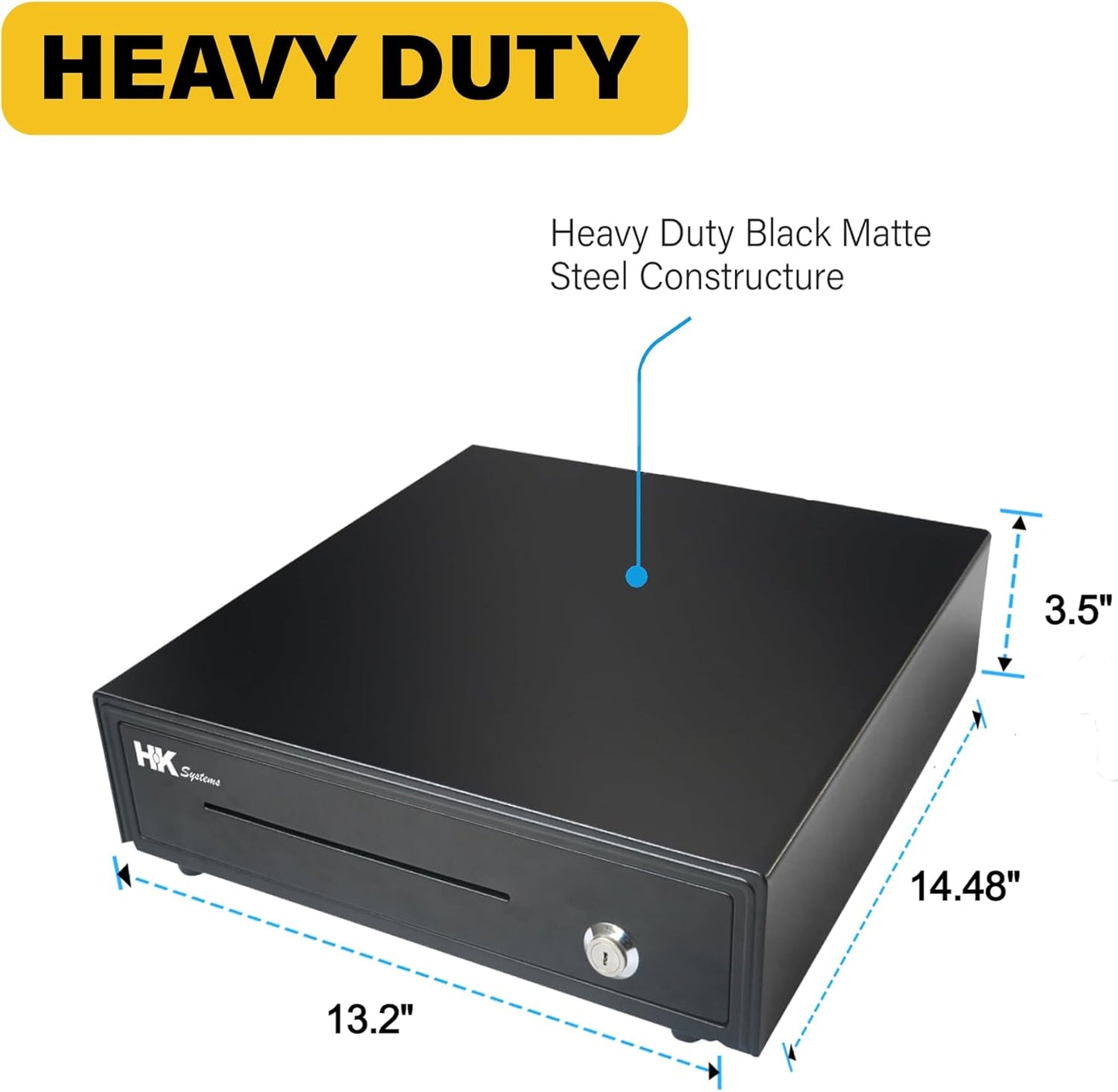 HK SYSTEMS 13inch Heavy Duty POS Cash Drawer with 4Bill/5Coin, Removable Coin Compartment, 24V, RJ11, Single Large Media Slot, Black