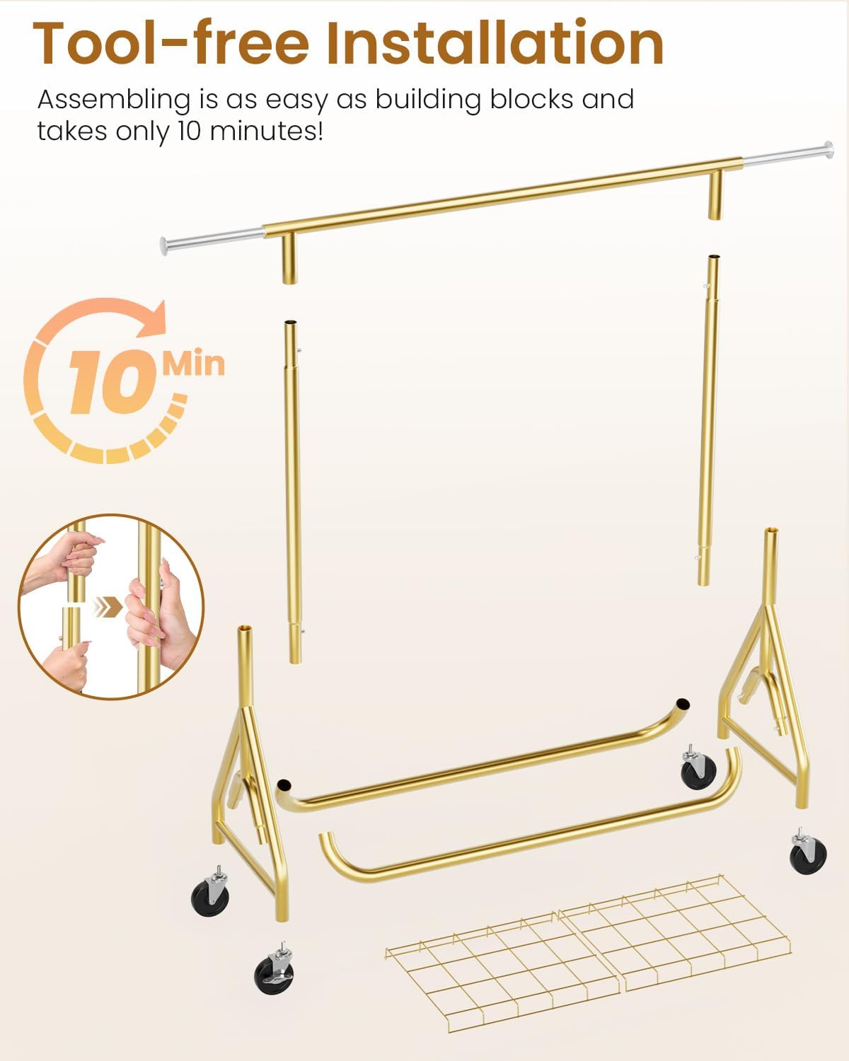 Heavy Duty Clothes Rack, Metal Clothing Rack Load 450 LBS, Rolling Coat Racks for Hanging Clothes with Lockable Wheels, Wardrobe Closet Garment Racks for Bedroom, Gold - Lumora Desk
