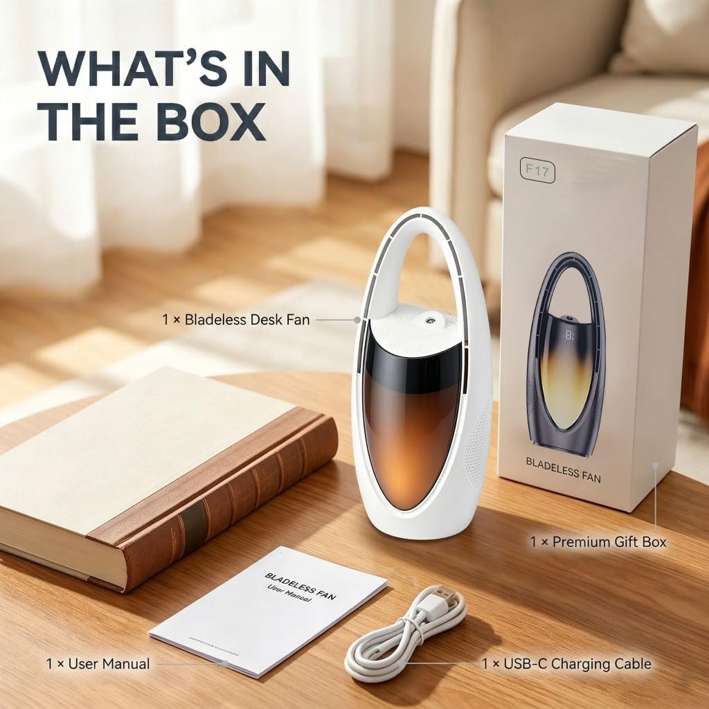 Bladeless Desk Fan with Misting, Rechargeable Quiet Personal Fan, Portable Table Fan with Night Light, 9H Timer 60° Oscillation Cooling Fan for Bedroom Office Home - Space Capsule Design (white)