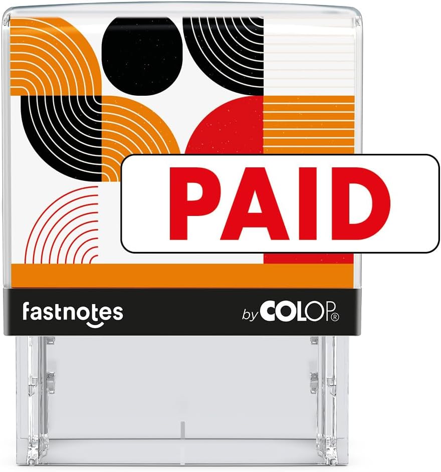 Fastnotes Paid Self-Inking Rubber Stamp by COLOP - Great for Office Documents, Notary, Warehouse, Accounting Paperwork, Business, and Legal Documentation - Red Ink (Paid- Red)