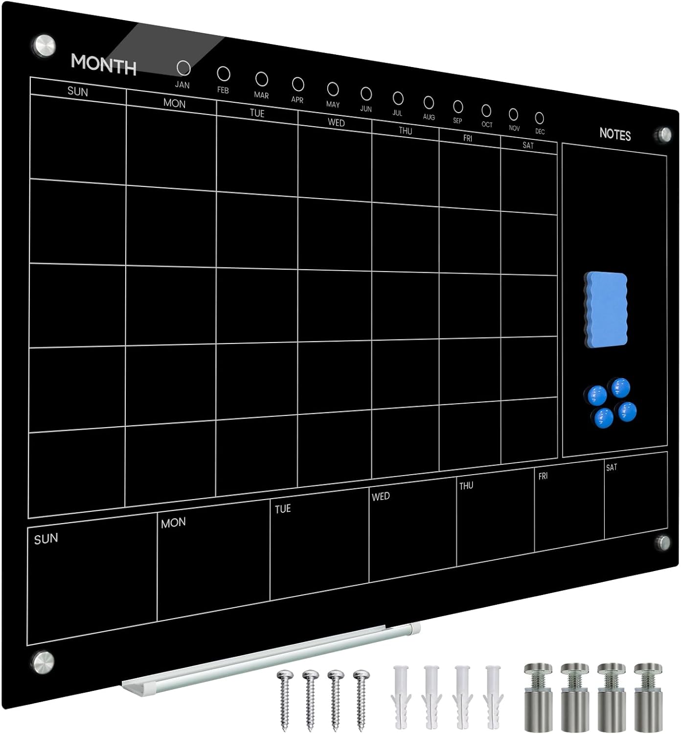 Magnetic Glass Whiteboard 36X24 Monthly Planner Calendar Dry Erase Board for Home, School, Office, Frameless, with Markers, Marker Tray, Eraser, Magnets (Black) - Lumora Desk
