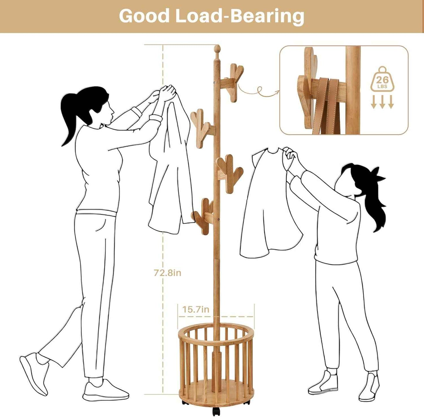 Uniclinens Solid Wood Coat Rack Freestanding with Umbrella Holder, Tree Coat Rack Stand with Lockable Universal Casters & 12 Hooks for Entryway Bedroom, Natural