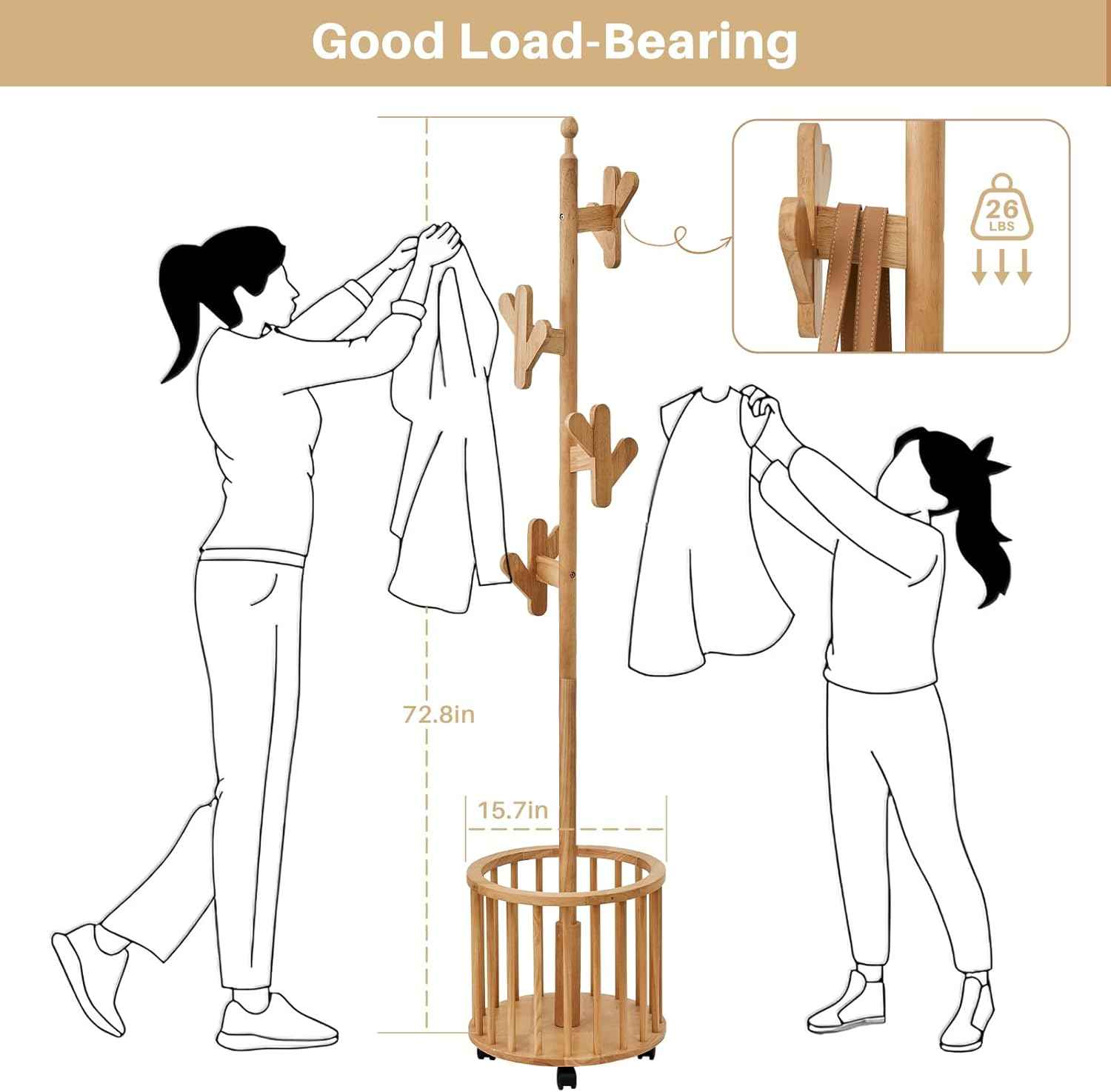 Uniclinens Solid Wood Coat Rack Freestanding with Umbrella Holder, Tree Coat Rack Stand with Lockable Universal Casters & 12 Hooks for Entryway Bedroom, Natural
