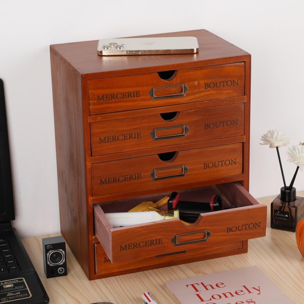 Wooden Storage Box with 5 Drawers Apothecary Drawers Vintage Wooden Drawers Wood Desktop Organizer with Drawers Countertop Drawers Library Card Catalog Cabinet Apothecary Cabinet （BROWN）