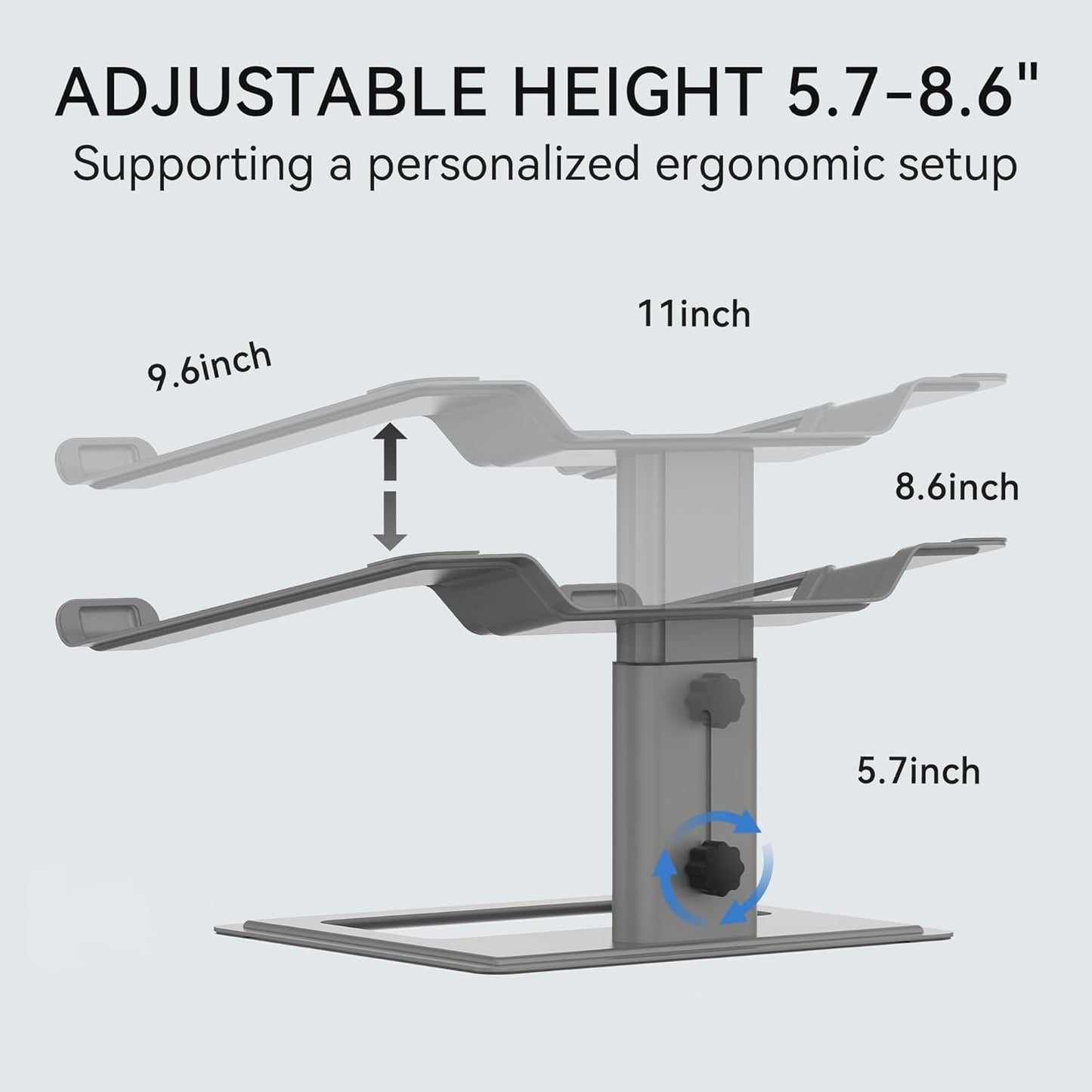 SOUNDANCE Adjustable Laptop Stand, Ergonomic Aluminum Riser for 10-17.3” Notebooks, Ventilated Metal Holder with Height Alignment for Desk Workspace, Grey
