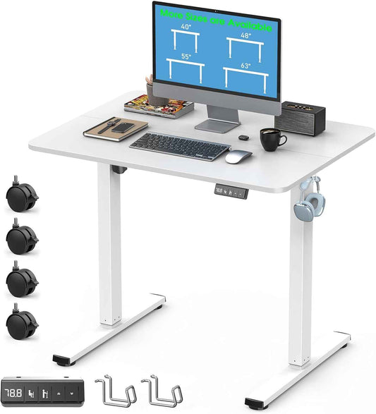 32" Small Electric Rolling Standing Desk Adjustable Height, Mobile Sit Stand up Desk with Lockable Casters for Home Office & Computer Workstation, Splice Board, 2 Hooks, White Frame/White Top