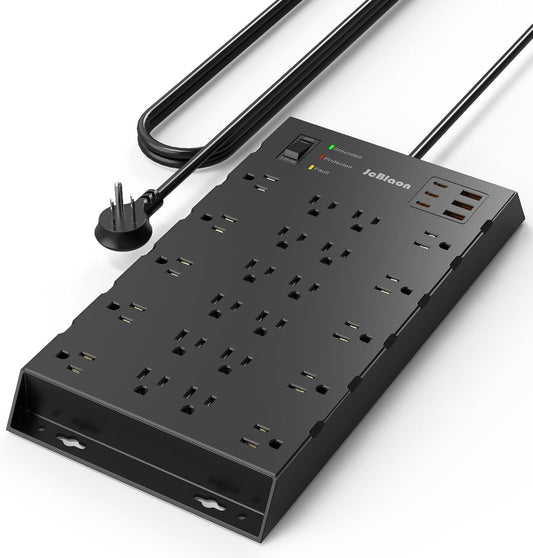 22 Outlets & 6 USB Big Power Strip, Jcblaon Surge Protector with 3USB C & 3USB A Charging Ports, 6.5ft Flat Plug Heavy Duty Extension Cord(1875W/15A)，2100J, 14AWG,Wall Mountable for Garden,Shed, Black