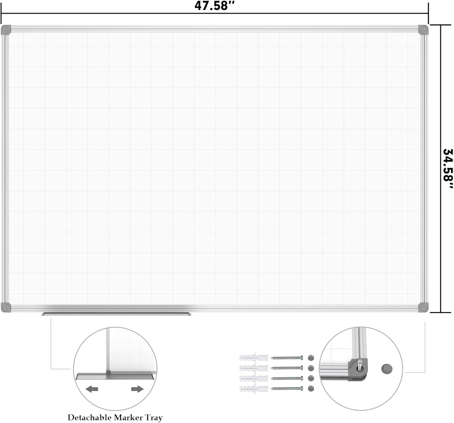 JILoffice Magnetic Dry Erase Planning Board, Grid Pattern White Board 48 x 36 Inch, Silver Aluminum Frame with Detachable Marker Tray for Office School and Home - Lumora Desk