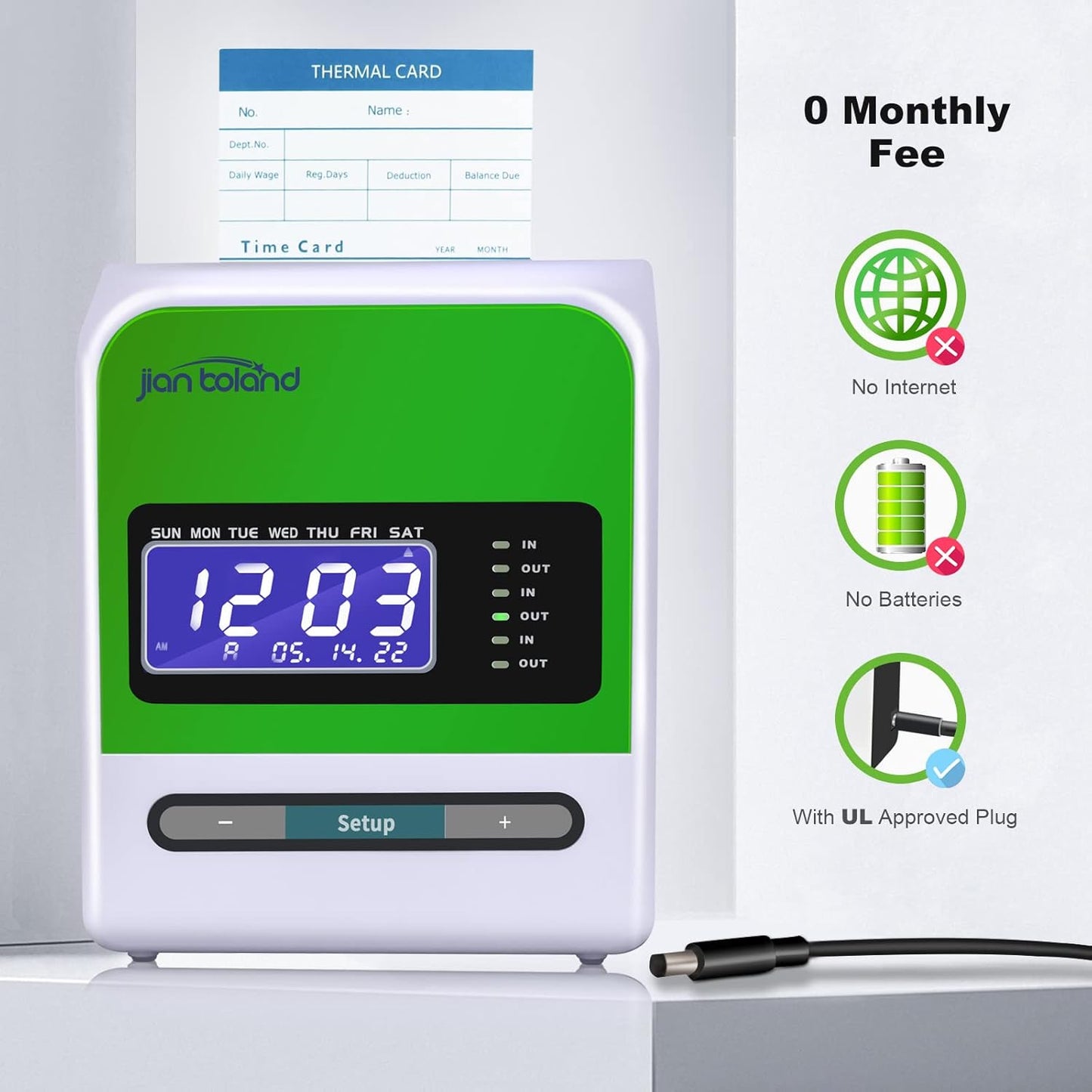 Employee Thermal Time Clock for Small Business | in/Out Punch Clock, No Ink Ribbon No Network Required, Includes 50 Time Cards & 2 Keys, 0 Monthly Fee