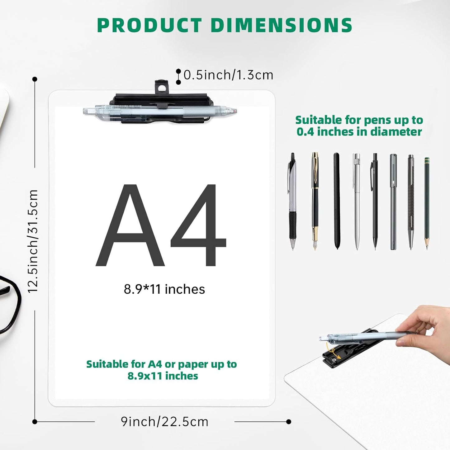 White Clipboard with Pen Holder, 2 Pack Plastic Clipboard with Low Profile Metal Clip, Hanging Clipboards Holds 8.5x11 Inch Papers, Standard A4 Letter Size Clip Board for Office & School