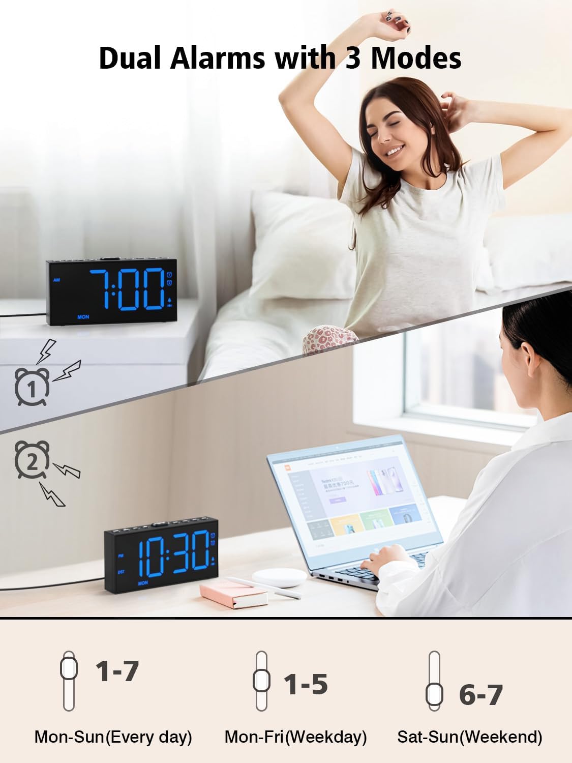 PPLEE Loud Alarm Clock with Bed Shaker,Vibrating Alarm Clock for Heavy Sleepers Hearing-impaired Deaf,2 Alarms 3-level Vibration for Weekday/Everyday Mode,5 Dimmer,5 Volume,Big Number,Power-off Memory