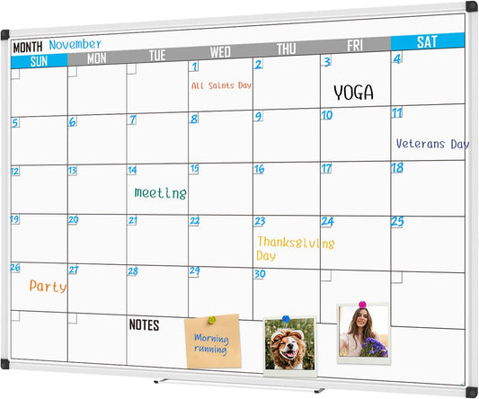 XBoard Magnetic Calendar Whiteboard 60" x 40" - Monthly Calendar Dry Erase Board, White Board + Colorful Calendar Board, Silver Aluminium Framed Monthly Planning Board - Lumora Desk