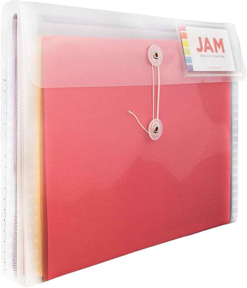 JAM PAPER Plastic Envelopes with Button & String Tie Closure & 2 Dividers - Letter Booklet - 3 3/4 x 10 1/2 - Clear - 3/Pack