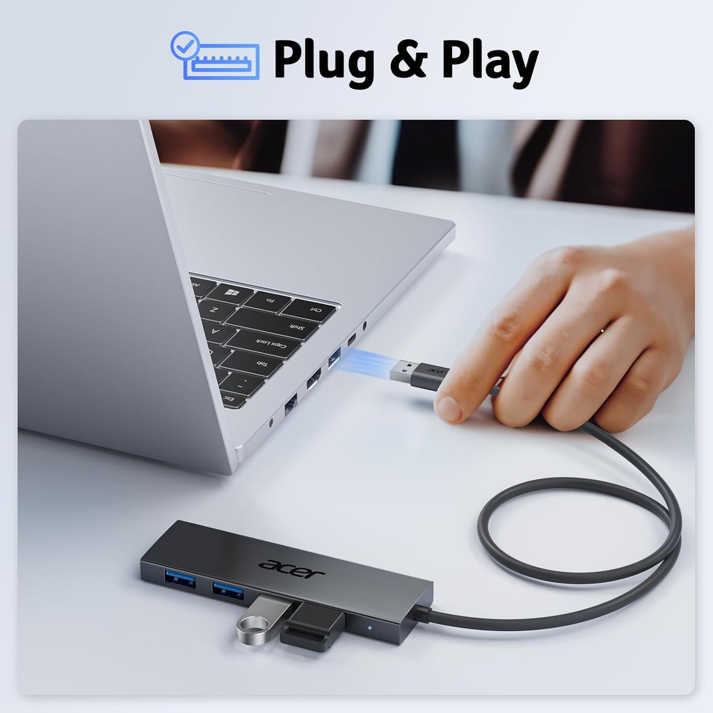 Acer USB Hub 4 Ports, Multiple USB 3.0 Hub, USBA Splitter for Laptop with Type C Power Port, Extender for A Port Laptop, PC, Desktop and More (4ft)