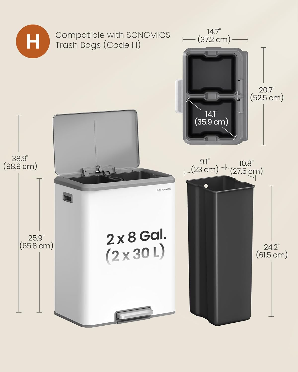 SONGMICS Trash Can, 2 x 8 Gallon (2 x 30 L) Double Garabge Can for Recycling and Waste, Stainless Steel, Soft-Close Lid, Inner Buckets, Wide Sturdy Pedal, Cloud White ULTB556W01
