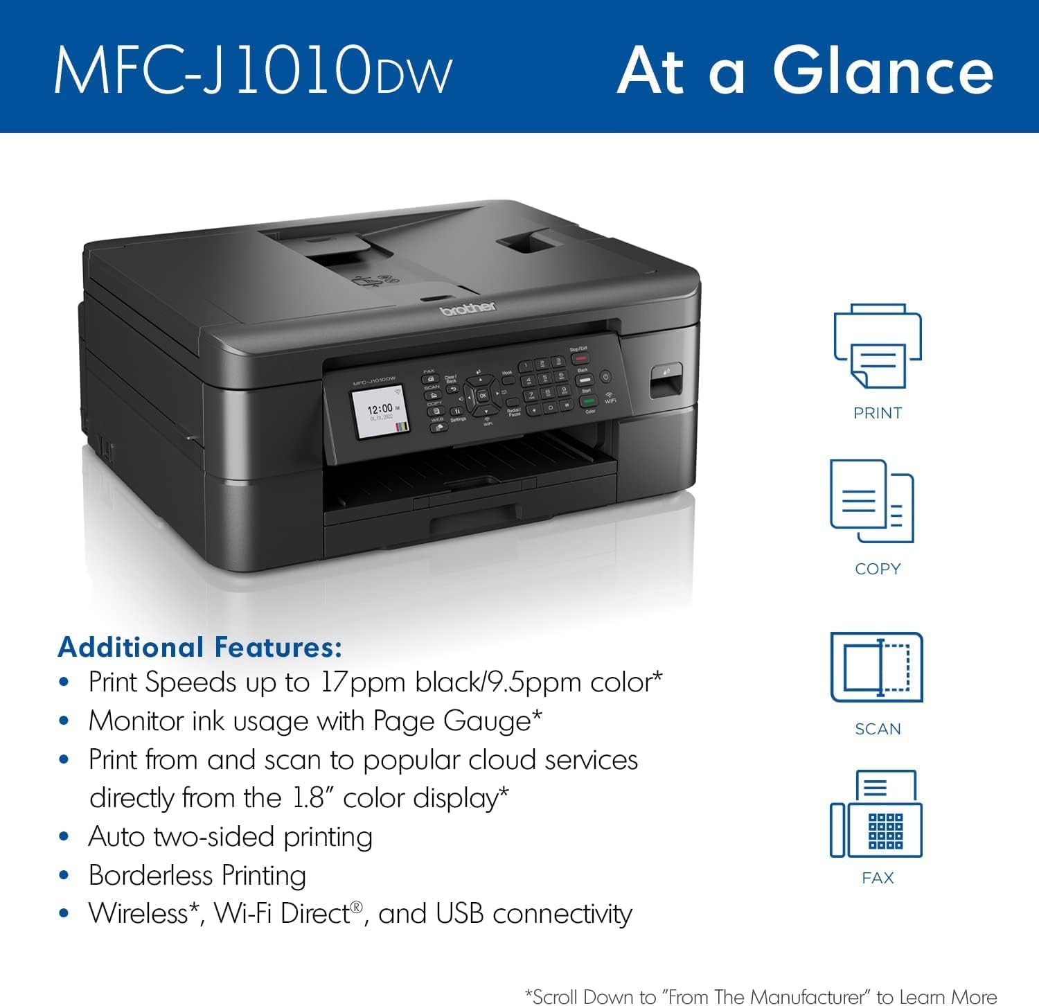 Brother MFC-J1010DW Wireless Color Inkjet All-in-One Printer with Mobile Device and Duplex Printing, Refresh Subscription and Amazon Dash Replenishment Ready (Renewed Premium) - Lumora Desk