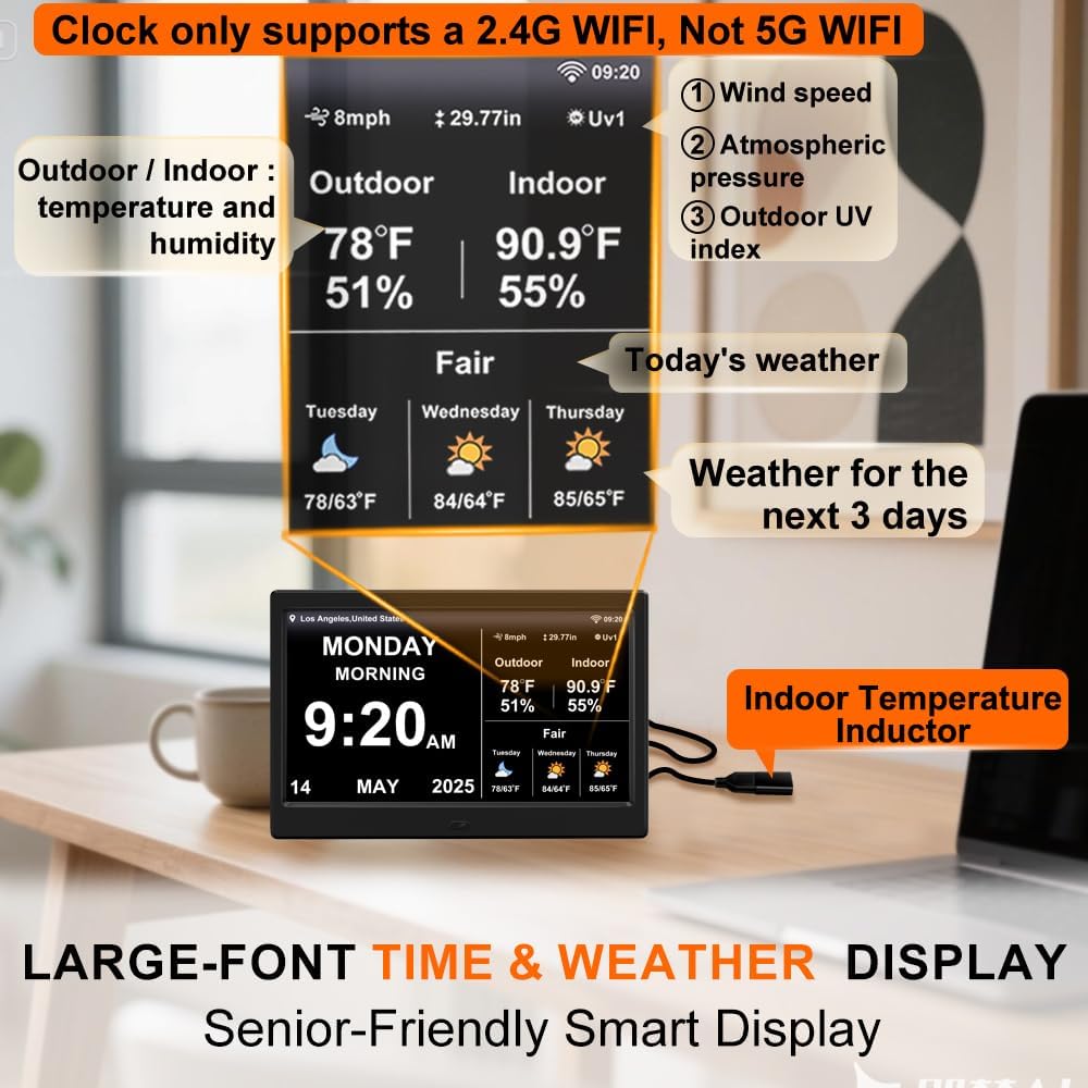 2025 Digital Clock with Weather Forecast & Temperature/Humidity Large Display,Auto Time Sync, Custom Alarms & Medication Reminders, Elderly Memory Loss