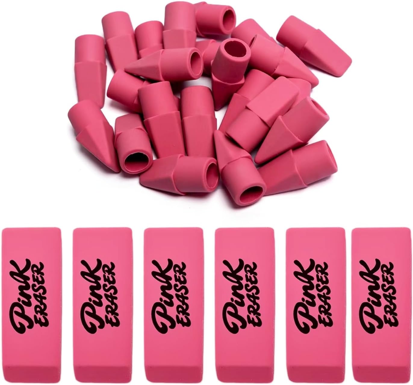 30 Pcs Pink Eraser Bulk Set – 6 Block Erasers and 24 Pencil Top Erasers, Smudge-Free, School Supplies for Students, Teachers, Drawing, Office, Homework Use (Pink)