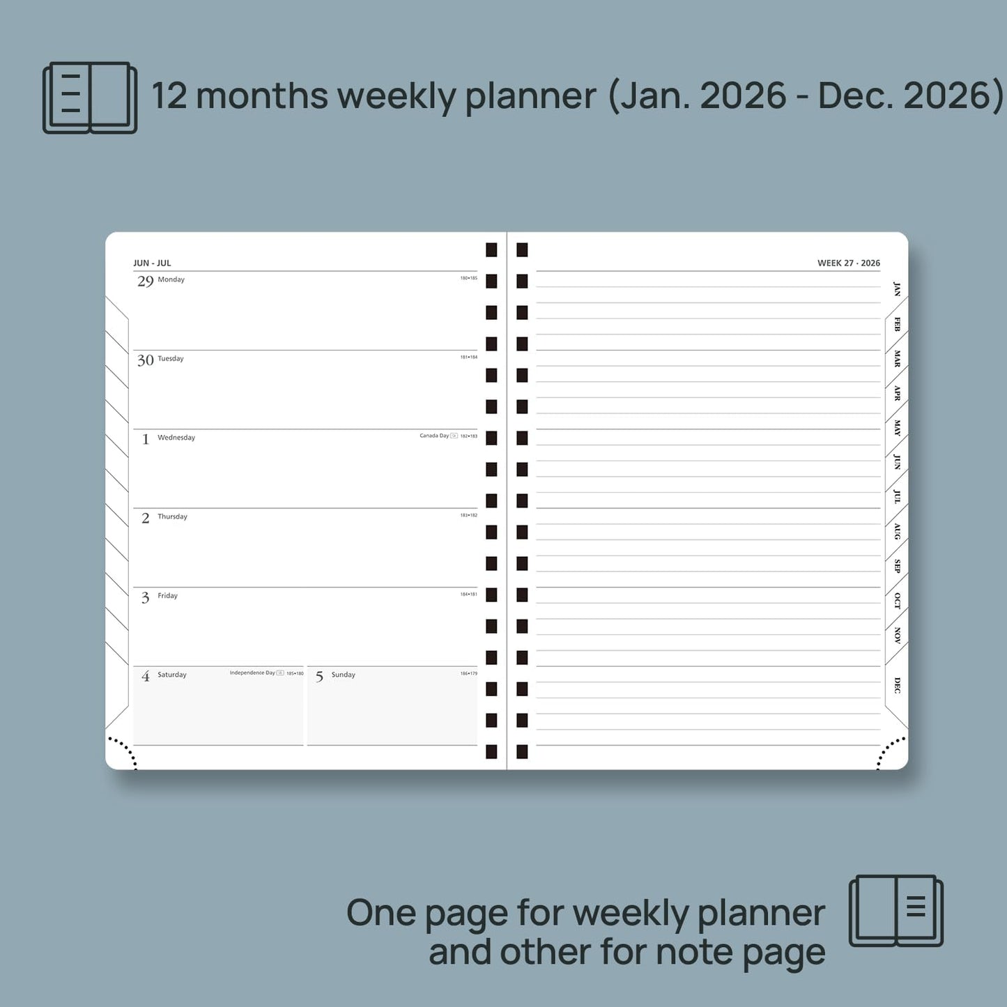 POPRUN 2026 Planner Weekly Notebook (Jan-Dec), Medium 8.5''x 6.5'' - Agenda 2026 Calendar Book with Monthly Tabs, Inner Pocket, Spiral Soft Cover, 100 GSM - Royal Blue