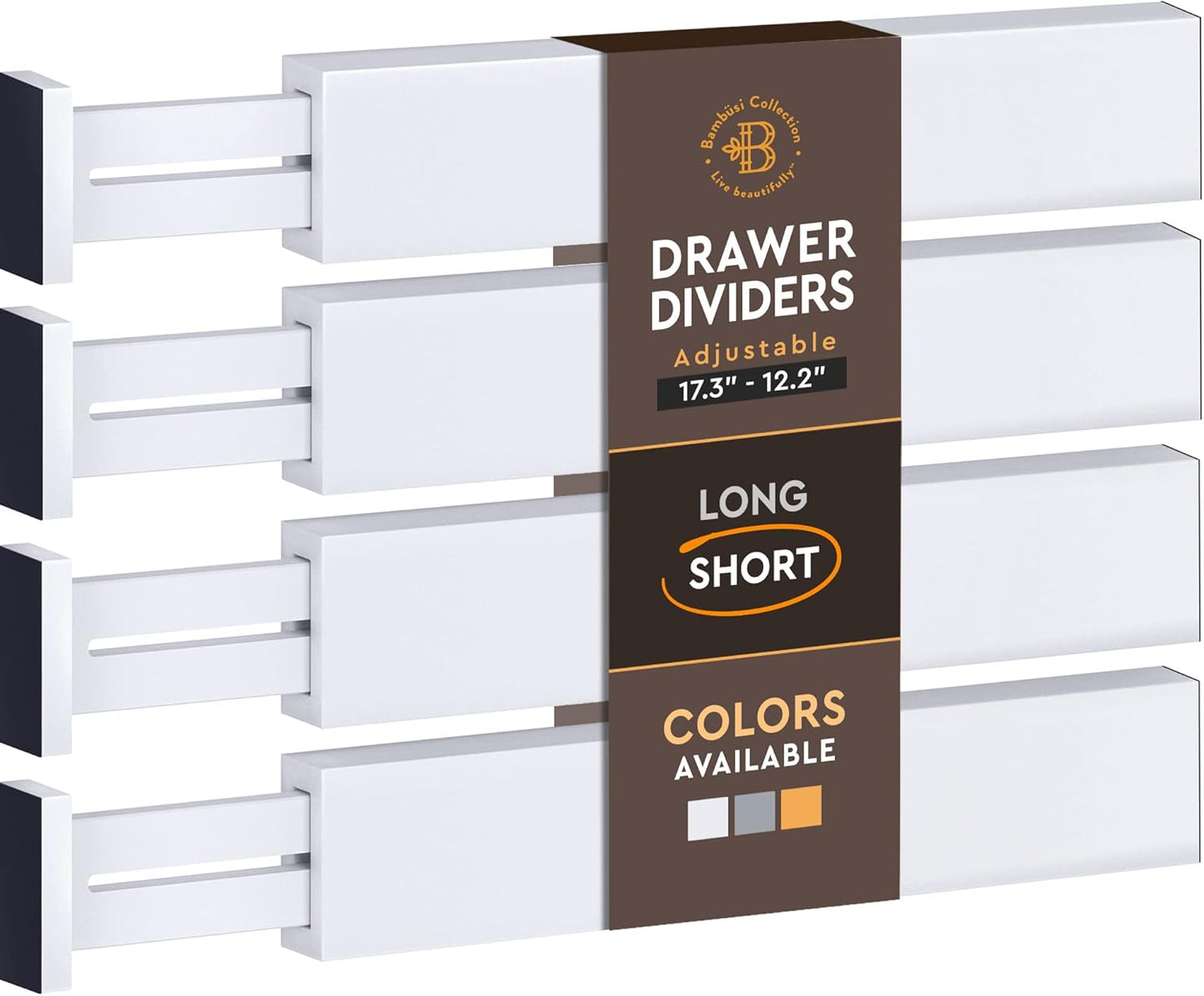 4 Pack Drawer Dividers Bamboo 2.6" High, 12.5"-17" Adjustable Drawer Organizers for Clothes, Expandable Dresser Separators in Bedroom/Bathroom/Kitchen/Office Organization and Storage (White)