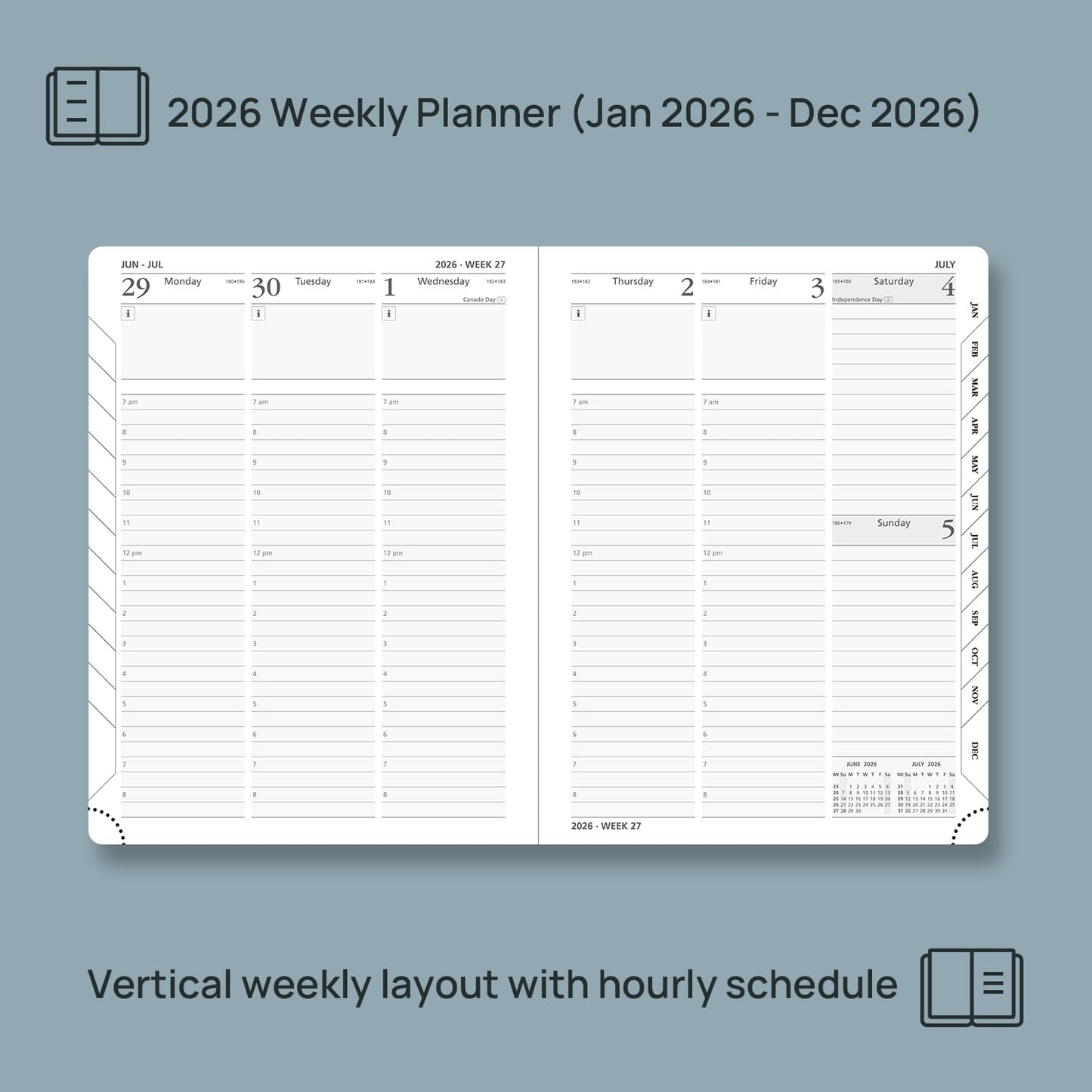POPRUN 2026 Planner (Medium Size 8.5''x 6.5'' Hardcover) - Daily Weekly and Monthly Calendar Agenda 2026 Appointment Book with Hourly Time Slots, Monthly Tabs, 100 GSM - Black