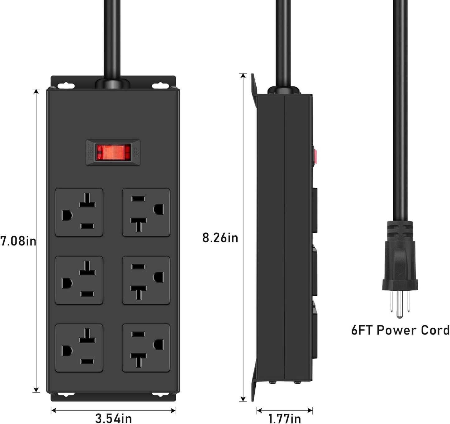 JUNNUJ Heavy Duty 20 Amp Power Strip, Garage 6 Outlets Metal 12 Gauge Surge Protector 3000J, High Amp 5-15P Adapter Shop 6-20R T-Slot Industrial (6AC, 6FT)