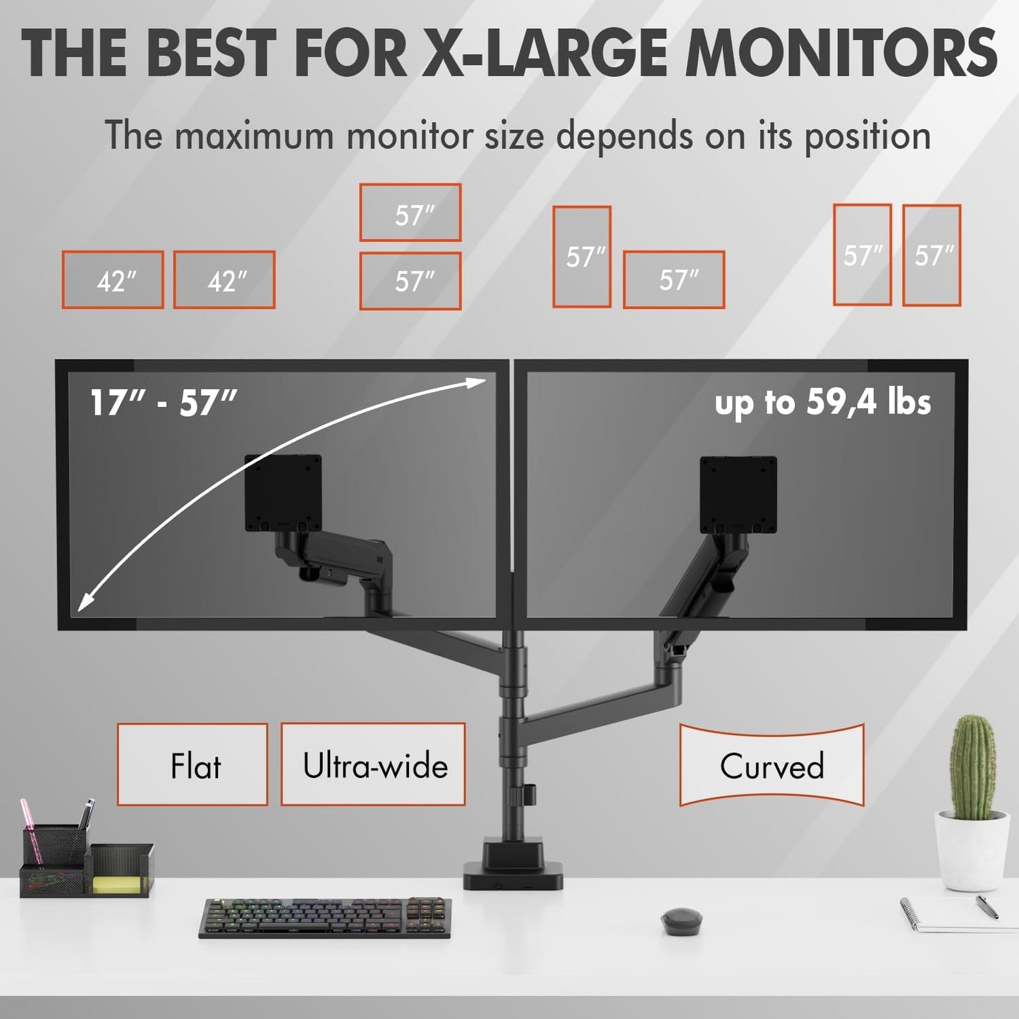 Dual Monitor Arm for 17-57 Inch Ultrawide Screens – Heavy Duty Monitor Arm Desk Mount – VESA Mount with Clamp and Grommet Base – Holds Up to 59.4 lbs. Each