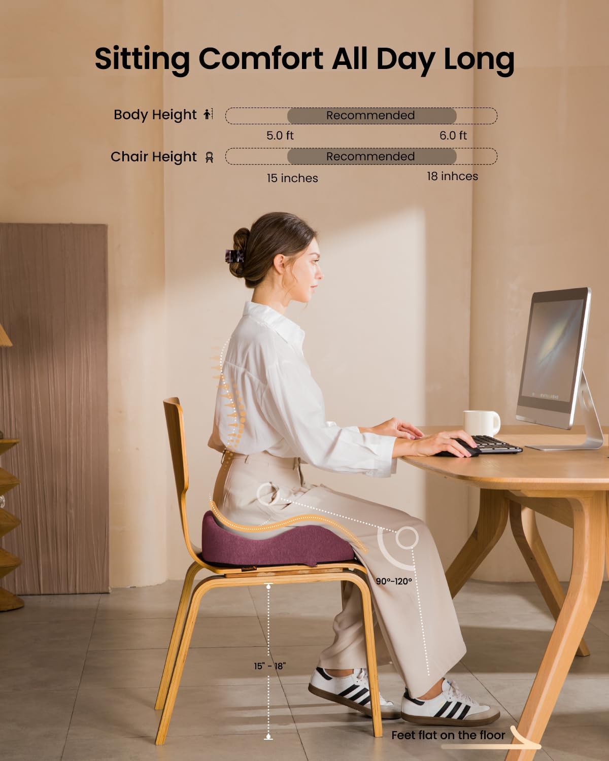 ProtoArc Seat Cushion, Office Chair Cushion for Sciatica, Coccyx Cushion, Ergonomic Memory Foam Seat Cushion for Car, Home, Pressure Relief Pad for Hip, Tailbone, All Day Comfort - Wine Red