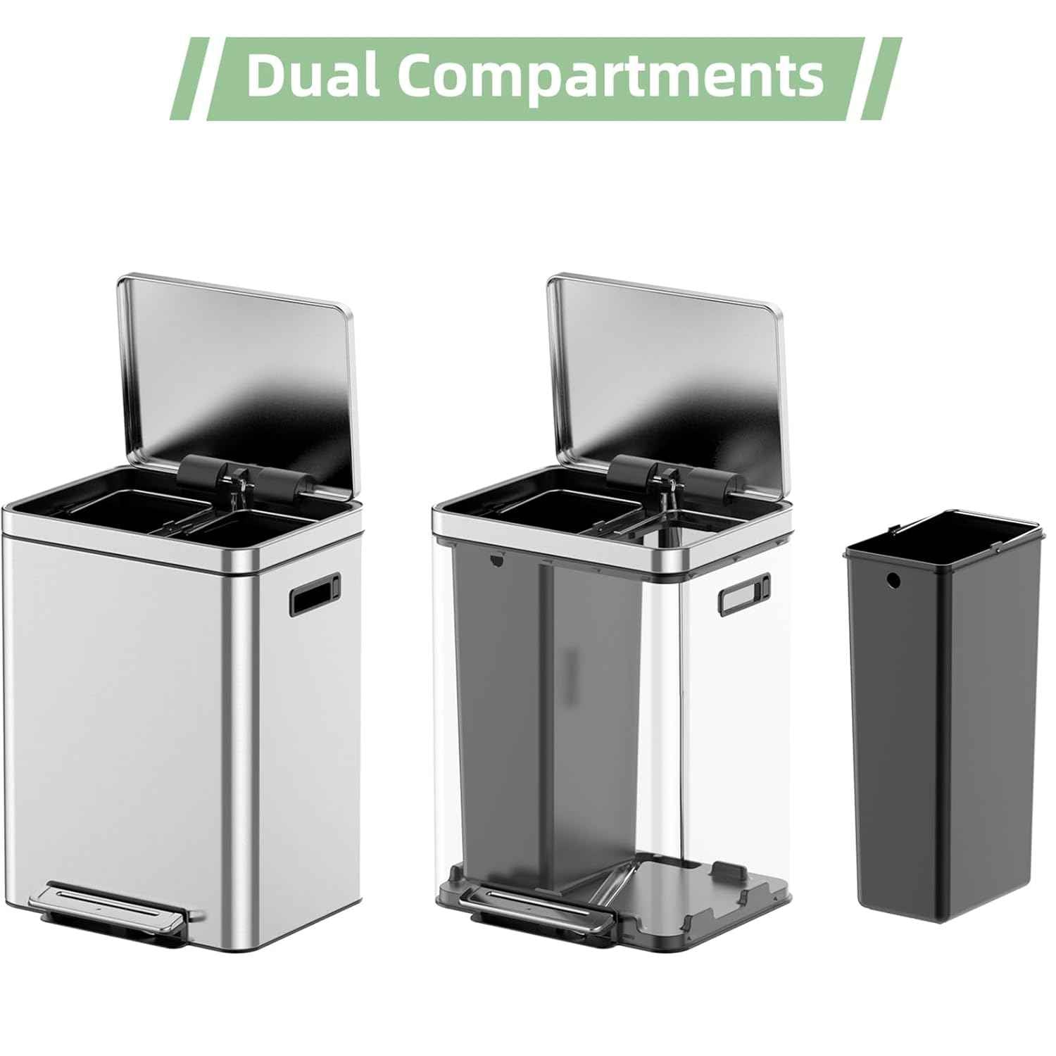 10.6 Gallon (2 x 20 L) Dual Trash Can, Stainless Steel Garbage Can with Soft-Close Lid for Kitchen, Hands-Free Recycle Bin with 2 Compartment Removable Inner Bucket for Home, Office