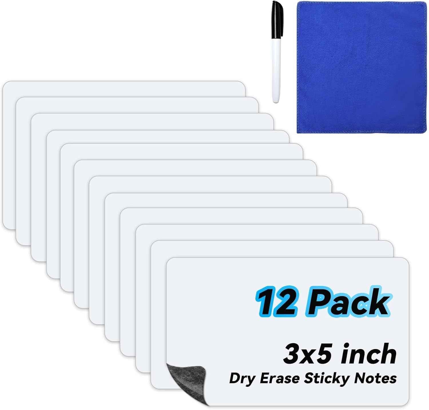 12 Pack Dry Erase Sticky Notes 3x5 inch Reusable Whiteboard Stickers Mini Dry Erase Sticky Notes Removable Sticky Labels with Wipe Cloth for Labels, Lists