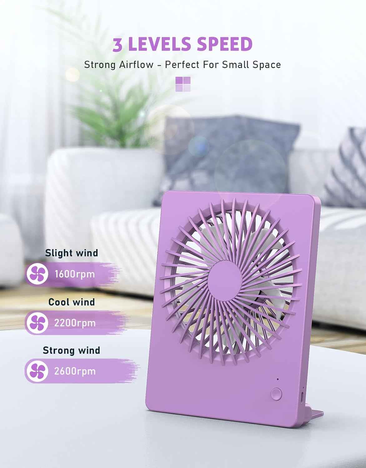 Zuvas Desk Fan Battery Operated Fan Rechargeable 180°Tilt Folding Personal Fan Ultra Quiet Small Portable 3 Speed Adjustable Strong Wind Fan For Office Bedroom Home Desktop Camping (Purple)