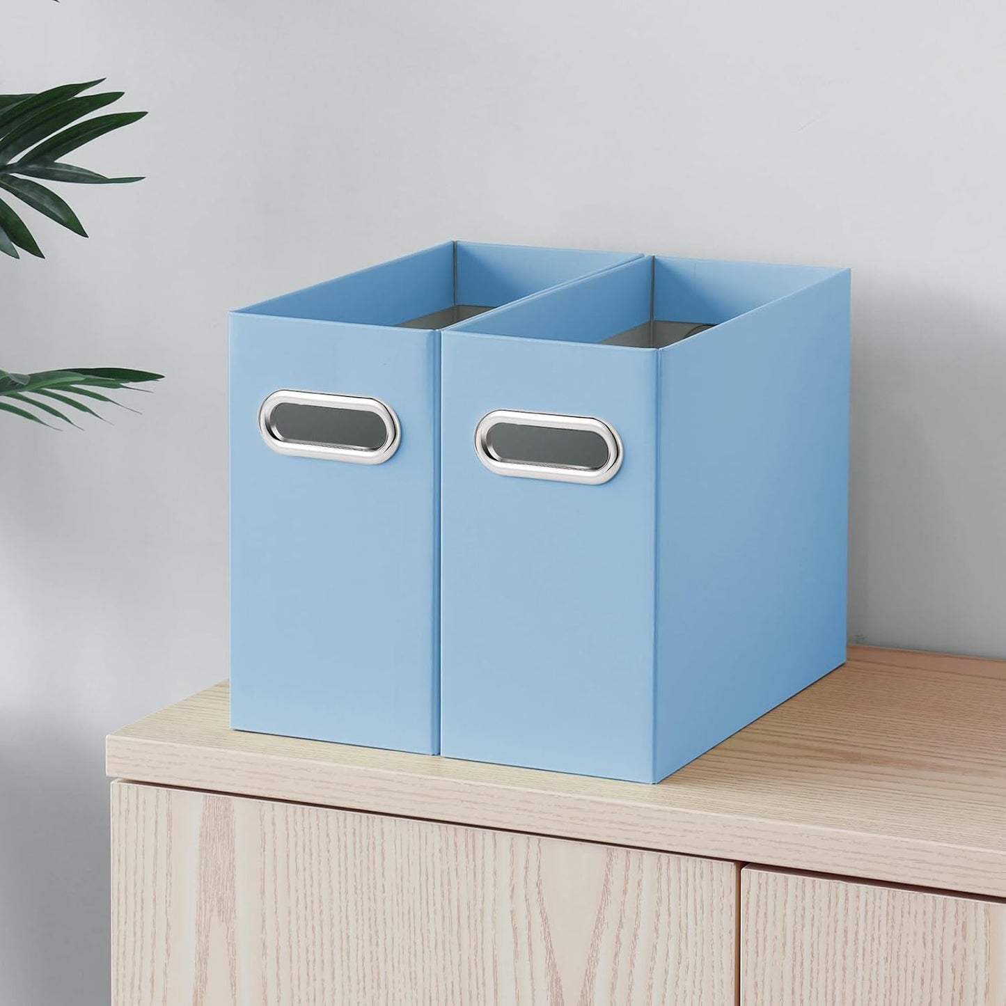 Oterri File Organizer, 4 Packs Small Storage Box, Cardboard File Folder Organizer, Collapsible File Box for Hanging File Folders Letter Size, Portable Filing Organizer with Handle (Blue)