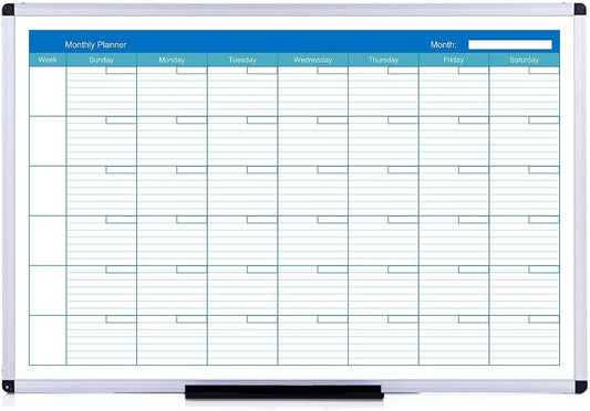 VIZ-PRO Magnetic Dry Erase Monthly Planner, 48 X 36 Inches, Silver Aluminium Frame