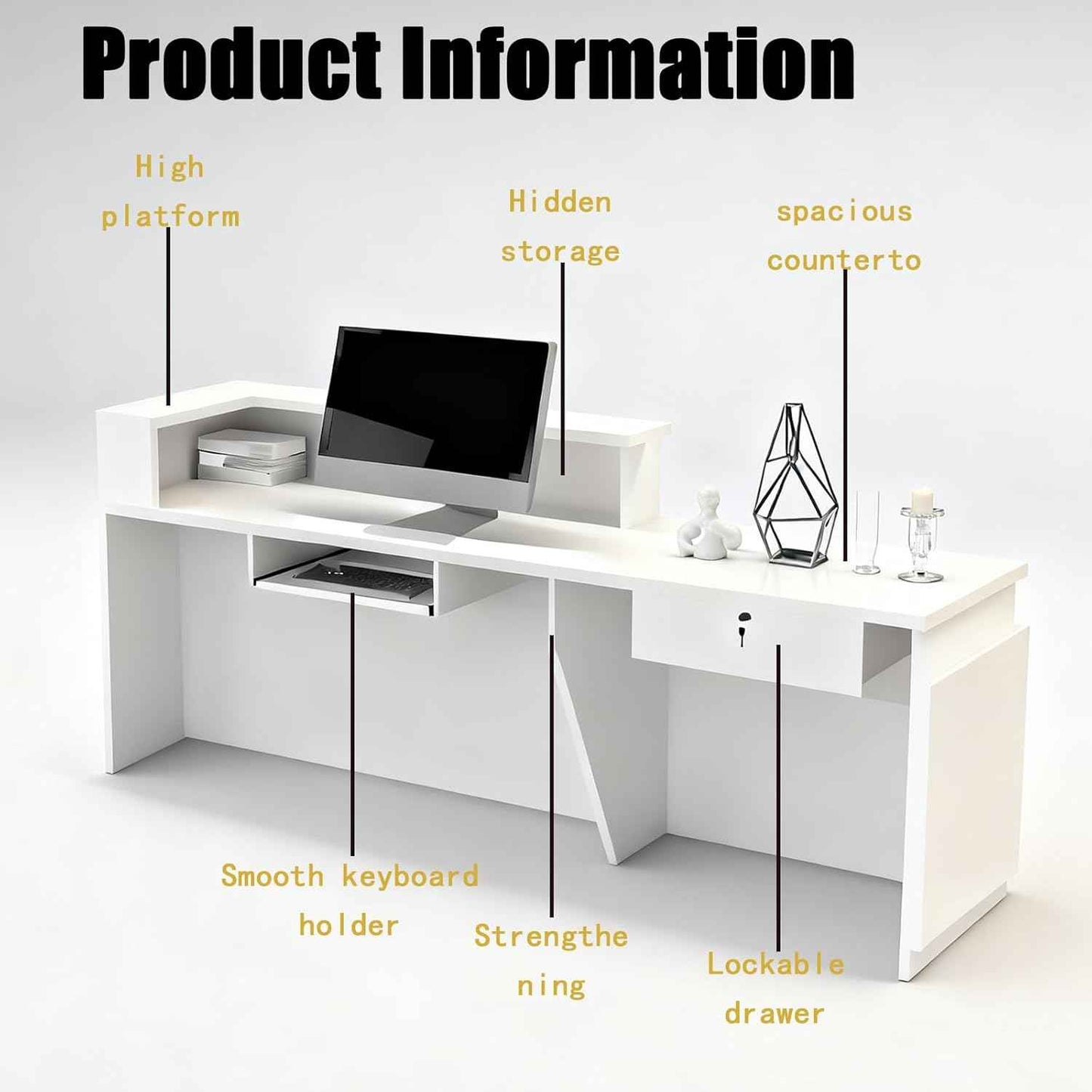 63in Reception Desk with Counter，Modern Front Desk Reception Counter for Checkout, Lobby, Beauty Salon (Left high)