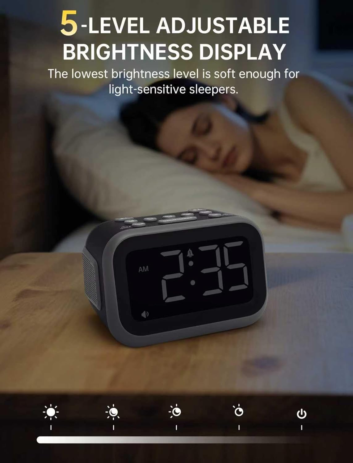 Super Loud Alarm Clock: 115dB Dual Alarms and 6 Alarm Sounds for Heavy Sleepers - Adult Shift Workers in Bedroom or Daily Wake-Up Use - Gray