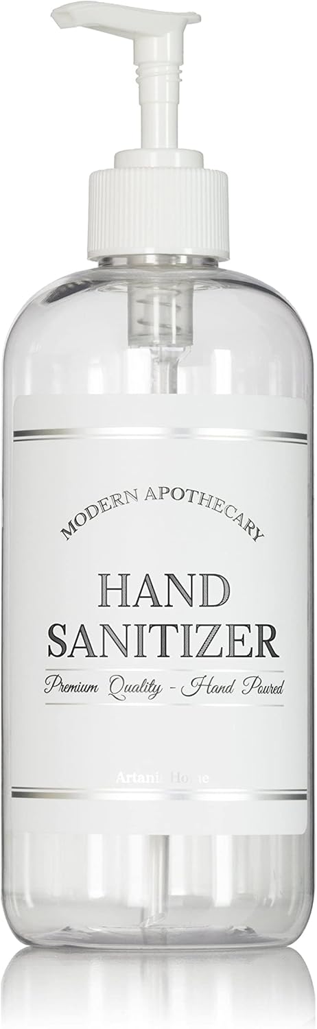 Refillable Clear PET Plastic 16 oz Hand Sanitizer Bottle with White Plastic Pump Dispenser - Chrome Accent Waterproof Labeled Bottle